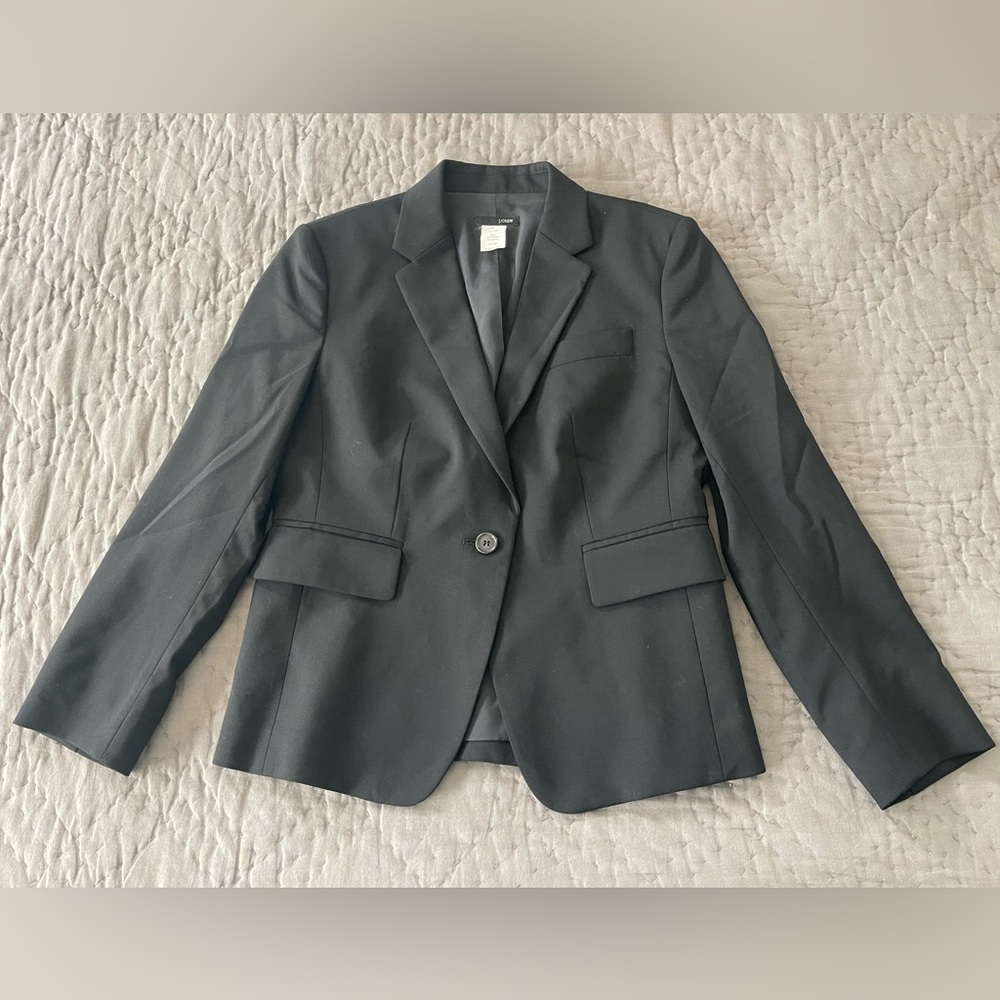 J. Crew Black Wool Blazer 2 Buttons Shoulder Pads Sz 0 Teen Professional Dress